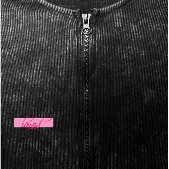 NEW ASOS Ribbed Top Black Double Zipper Acid-Washed Edgy V-Neck Henley Stretchy - Picture 7 of 9